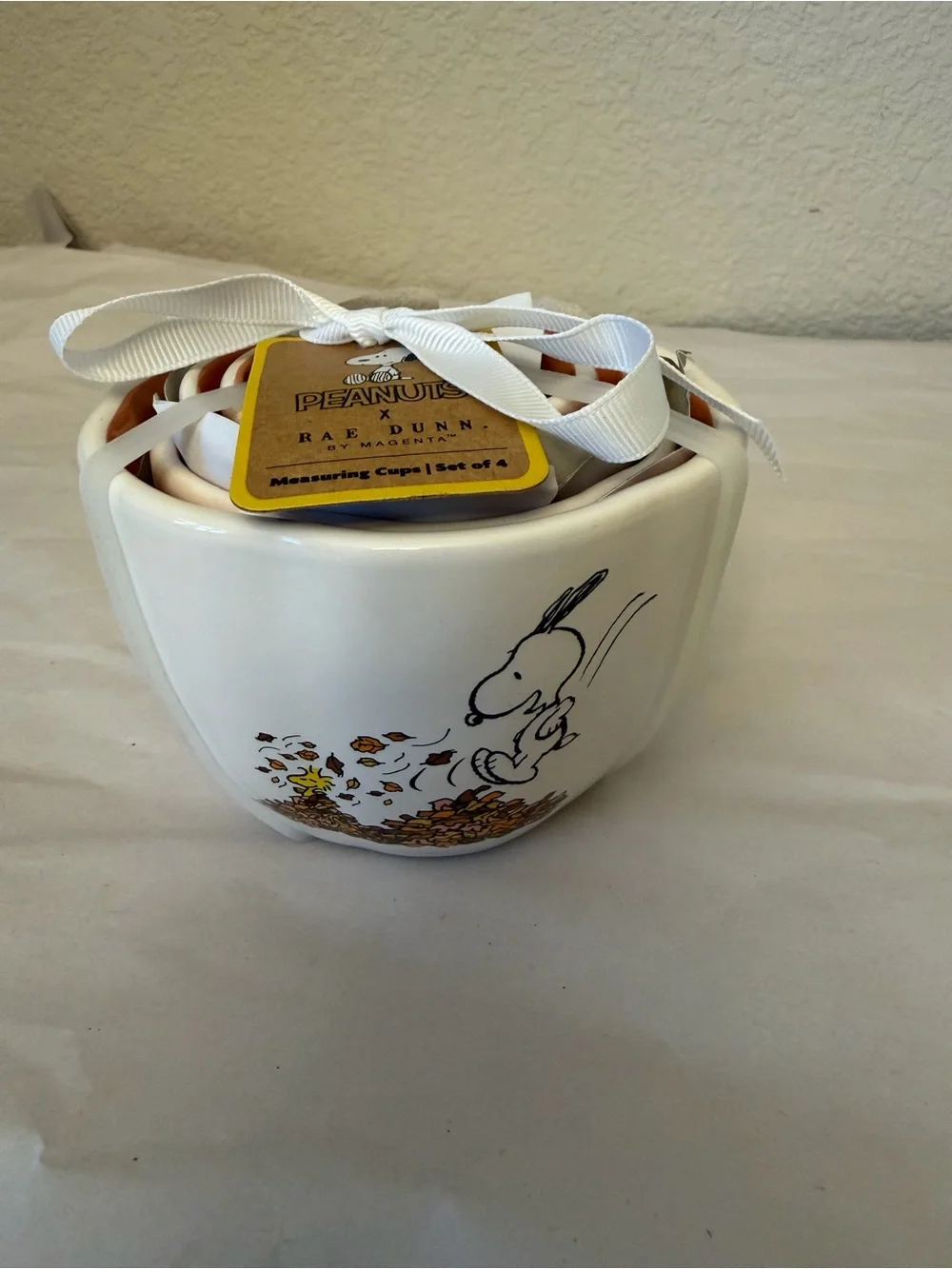 Peanuts x Rae Dunn White Ceramic Measuring Cups with Snoopy Fall Illustration